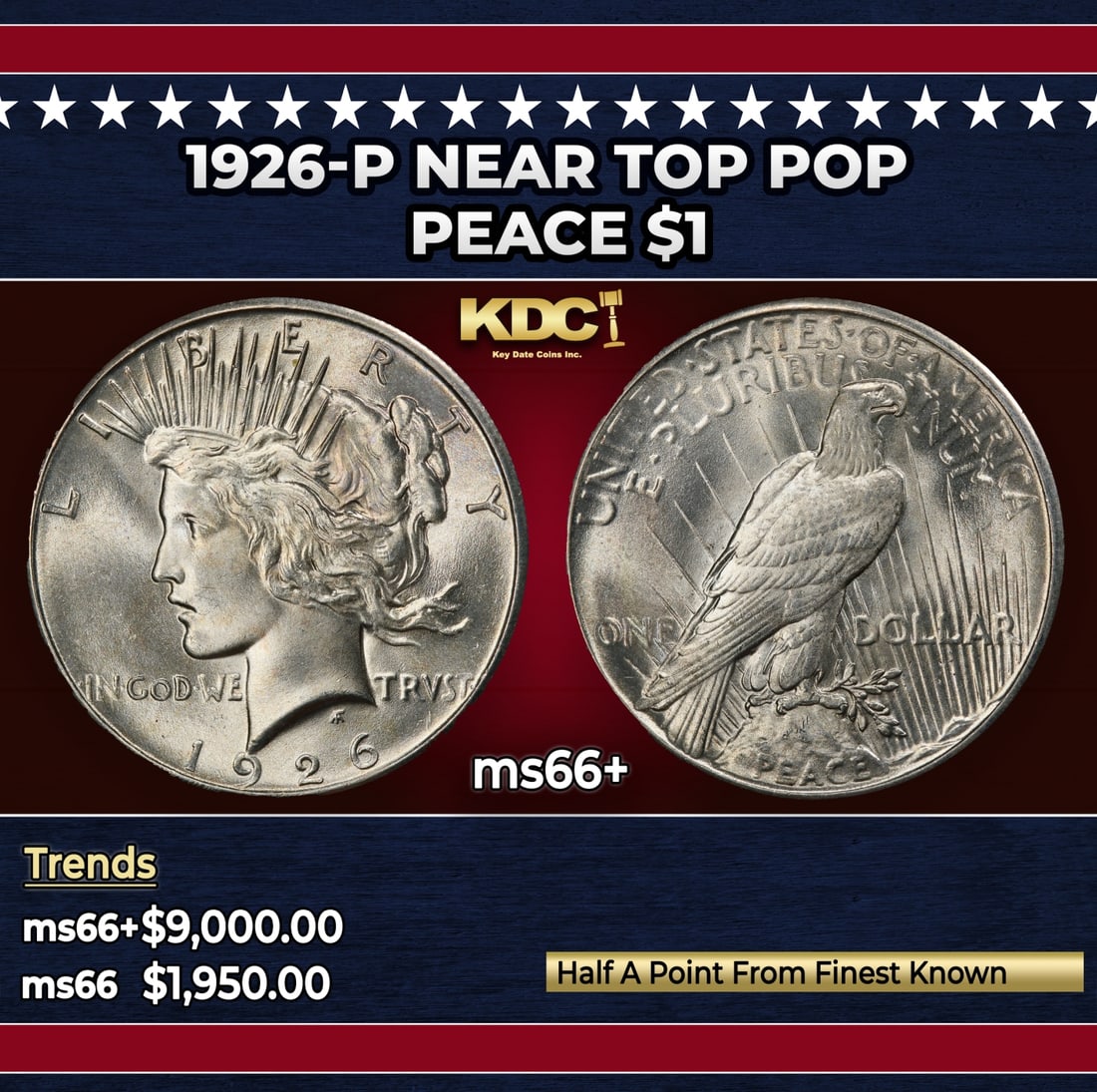 1926-p Peace Dollar Near Top Pop $1 ms66+ SEGS: 1926-p Near Top Pop Peace Dollar $1 ms66+ SEGS.