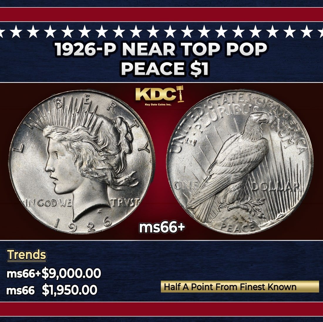 1926-p Peace Dollar Near Top Pop $1 ms66+ SEGS: 1926-p Near Top Pop Peace Dollar $1 ms66+ SEGS.