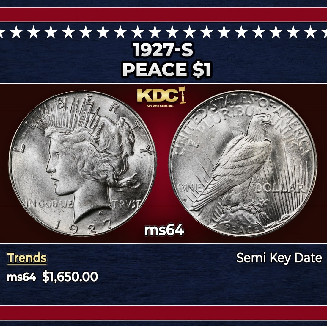 1927-s Peace Dollar $1 ms64 SEGS: 1927-s Peace Dollar $1 ms64 SEGS.