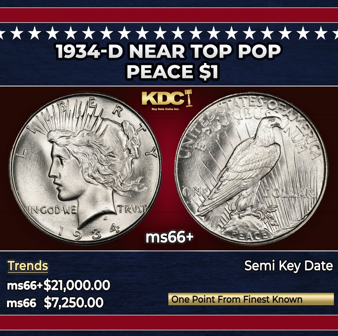 1934-d Peace Dollar Near Top Pop $1 ms66+ SEGS: 1934-d Near Top Pop Peace Dollar $1 ms66+ SEGS.