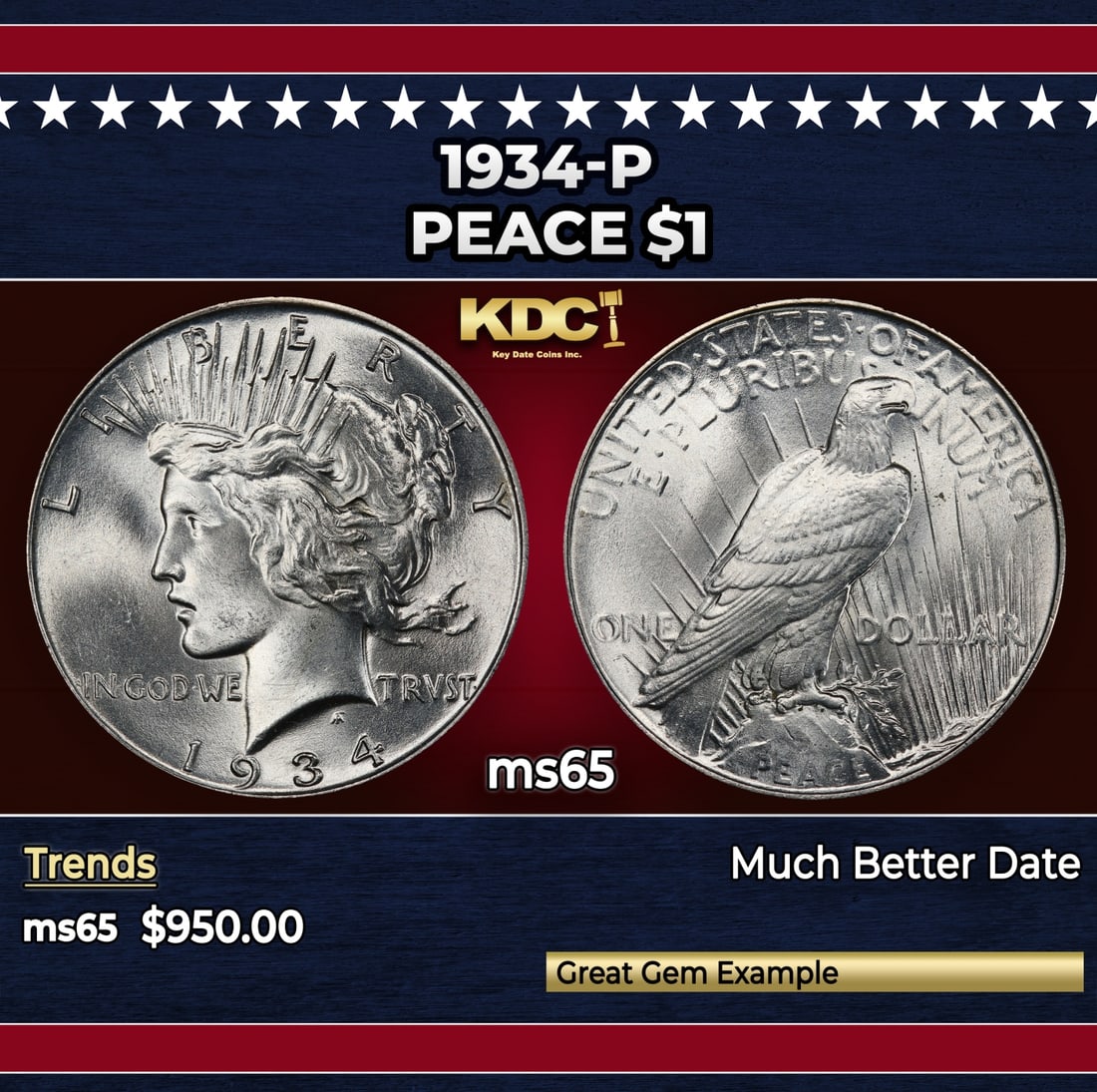 1934-p Peace Dollar $1 Grades ms65: 1934-p Peace Dollar $1 Grades ms65.
