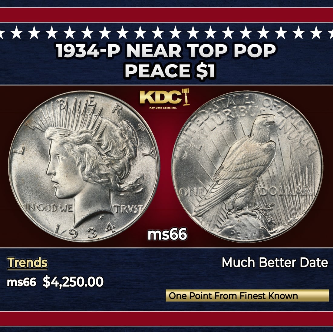 1934-p Peace Dollar Near Top Pop $1 ms66 SEGS: 1934-p Near Top Pop Peace Dollar $1 ms66 SEGS.