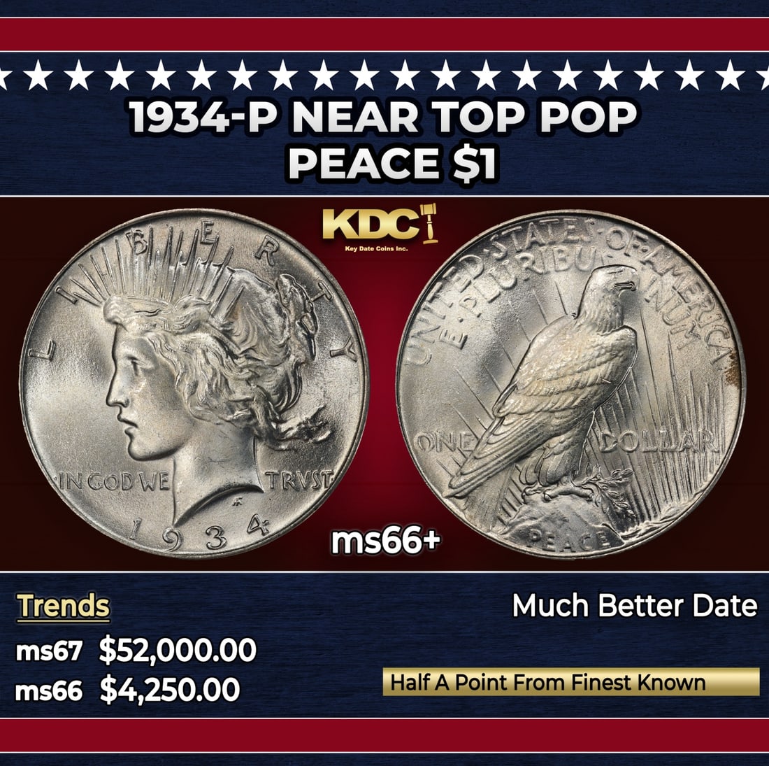 1934-p Peace Dollar Near Top Pop $1 ms66+ SEGS: 1934-p Near Top Pop Peace Dollar $1 ms66+ SEGS.