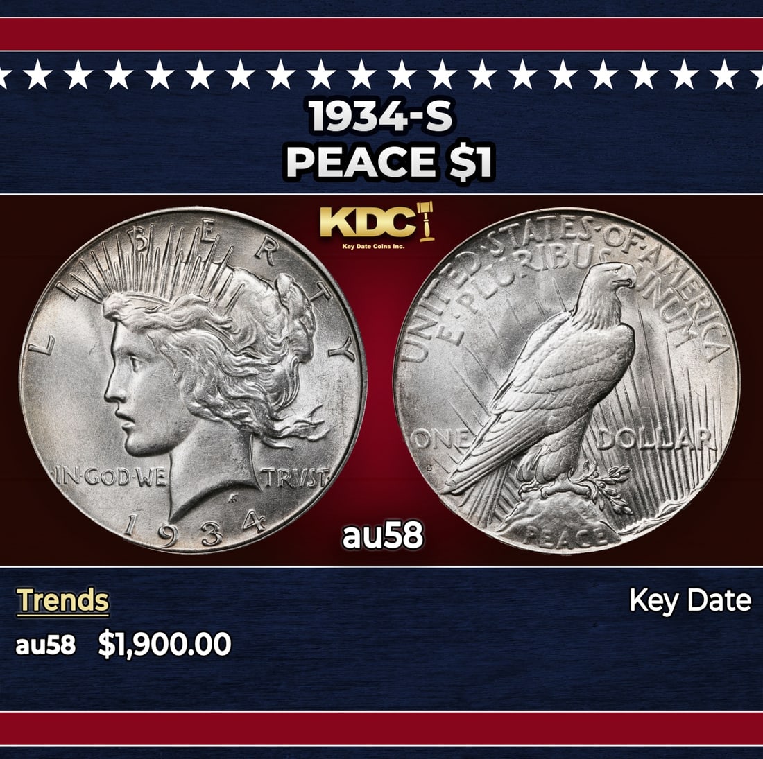 1934-s Peace Dollar $1 au58 SEGS: 1934-s Peace Dollar $1 au58 SEGS.