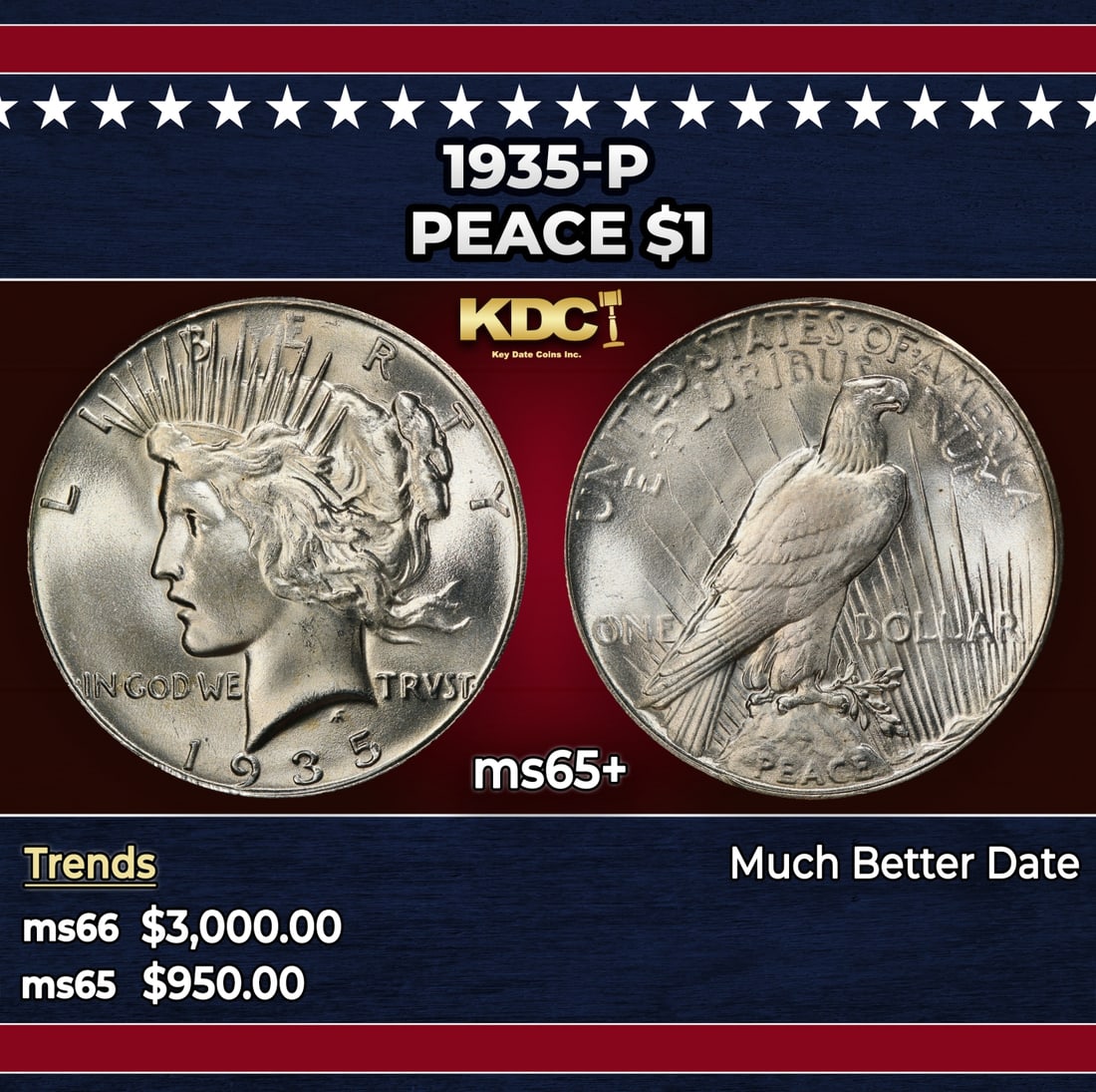 1935-p Peace Dollar $1 ms65+ SEGS: 1935-p Peace Dollar $1 ms65+ SEGS.