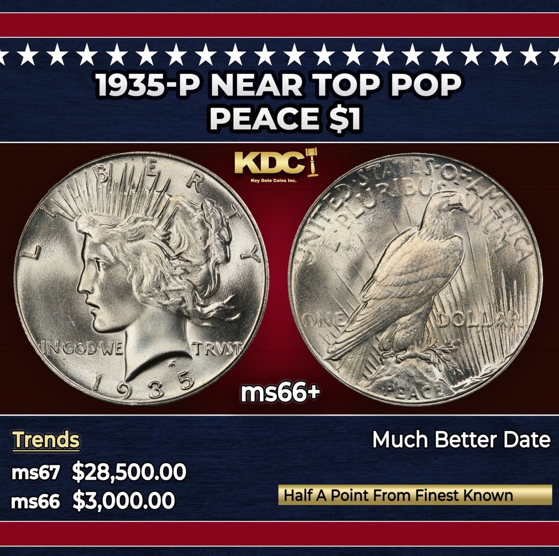 1935-p Peace Dollar Near Top Pop $1 ms66+ SEGS: 1935-p Near Top Pop Peace Dollar $1 ms66+ SEGS.