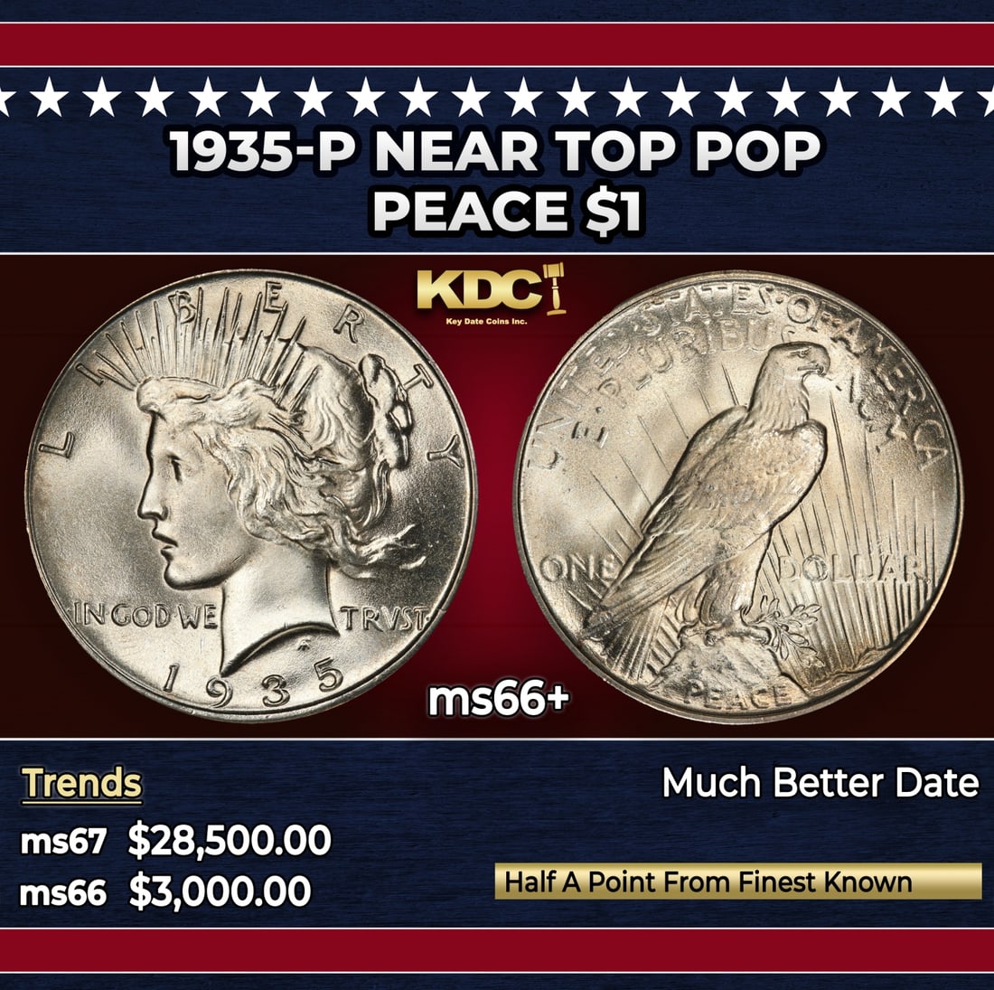 1935-p Peace Dollar Near Top Pop $1 ms66+ SEGS: 1935-p Near Top Pop Peace Dollar $1 ms66+ SEGS.