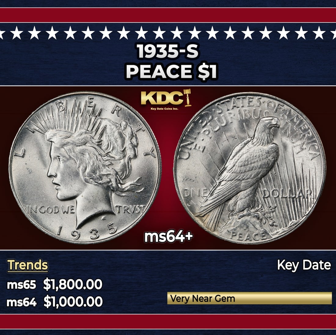 1935-s Peace Dollar $1 ms64+ SEGS: 1935-s Peace Dollar $1 ms64+ SEGS.