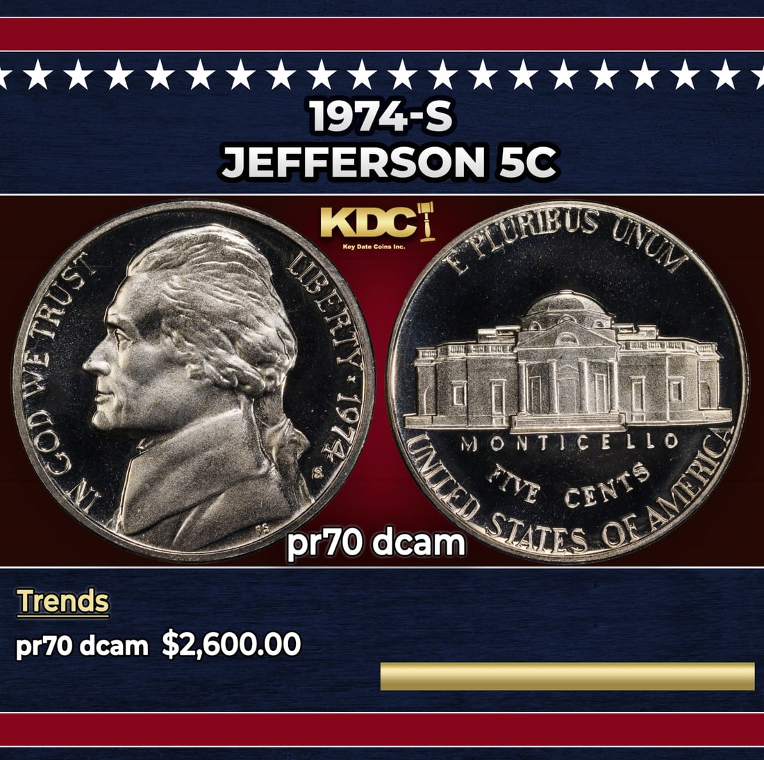 1974-s Proof Jefferson Nickel 5c pr70 dcam SEGS: 1974-s Jefferson Nickel 5c pr70 dcam SEGS.