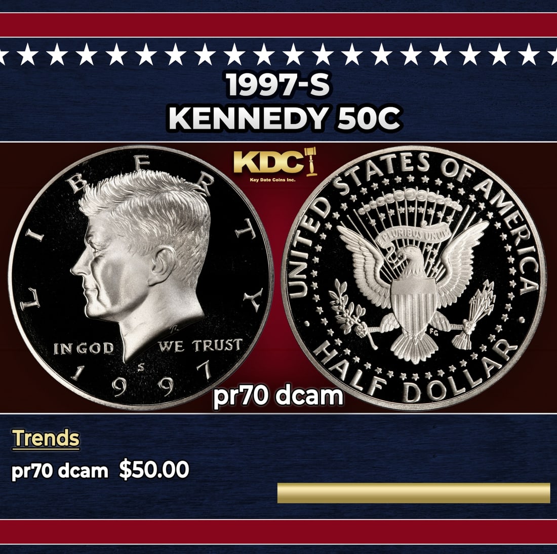 1997-s Proof Kennedy Half Dollar 50c pr70 dcam SEGS: 1997-s Kennedy Half Dollar 50c pr70 dcam SEGS.