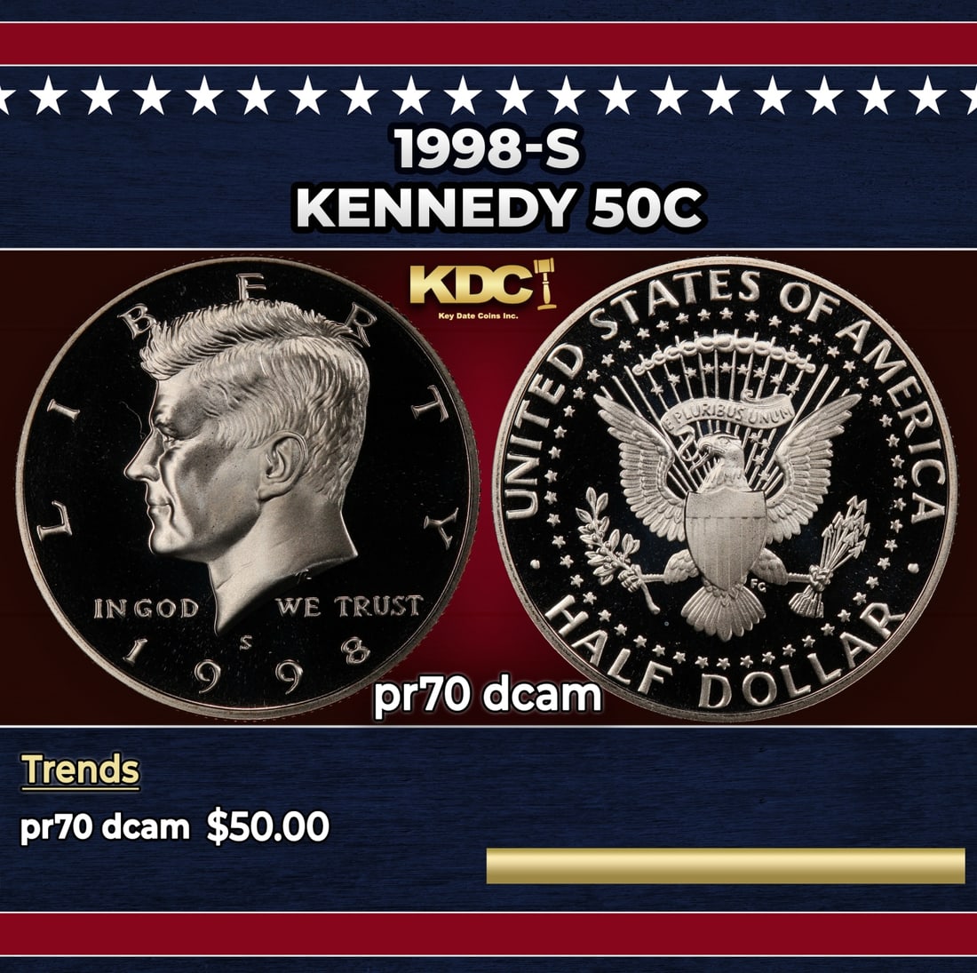 1998-s Proof Kennedy Half Dollar 50c pr70 dcam SEGS: 1998-s Kennedy Half Dollar 50c pr70 dcam SEGS.