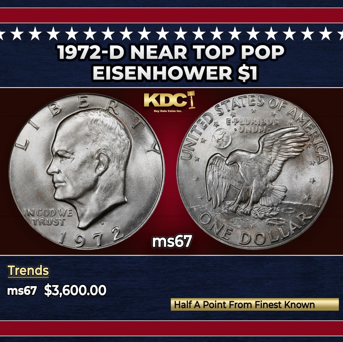 1972-d Eisenhower Dollar Near Top Pop $1 ms67 SEGS: 1972-d Near Top Pop Eisenhower Dollar $1 ms67 SEGS.