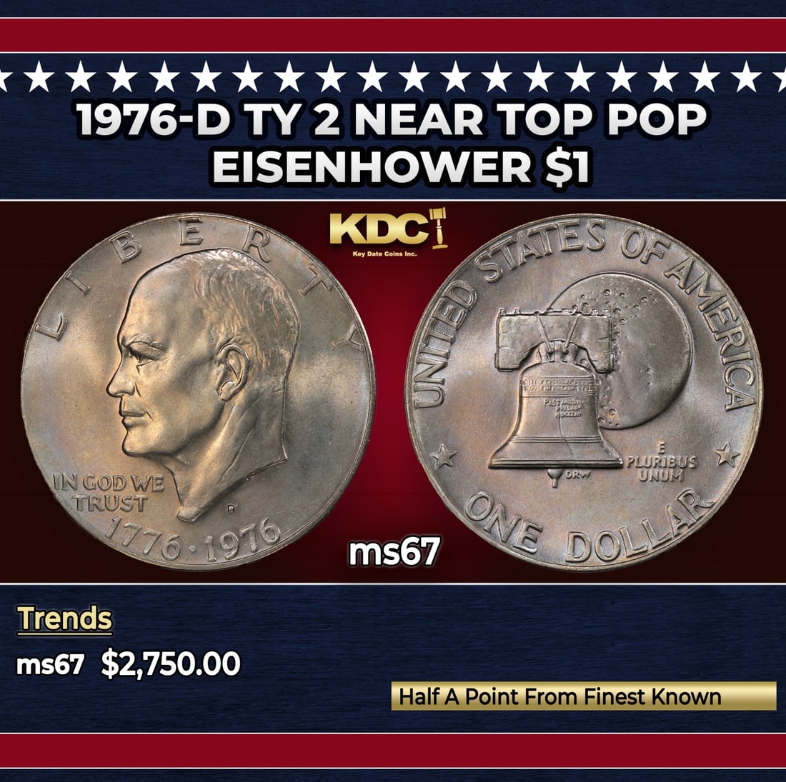 1976-d Ty 2 Eisenhower Dollar Near Top Pop $1 ms67 SEGS: 1976-d Ty 2 Near Top Pop Eisenhower Dollar $1 ms67 SEGS.