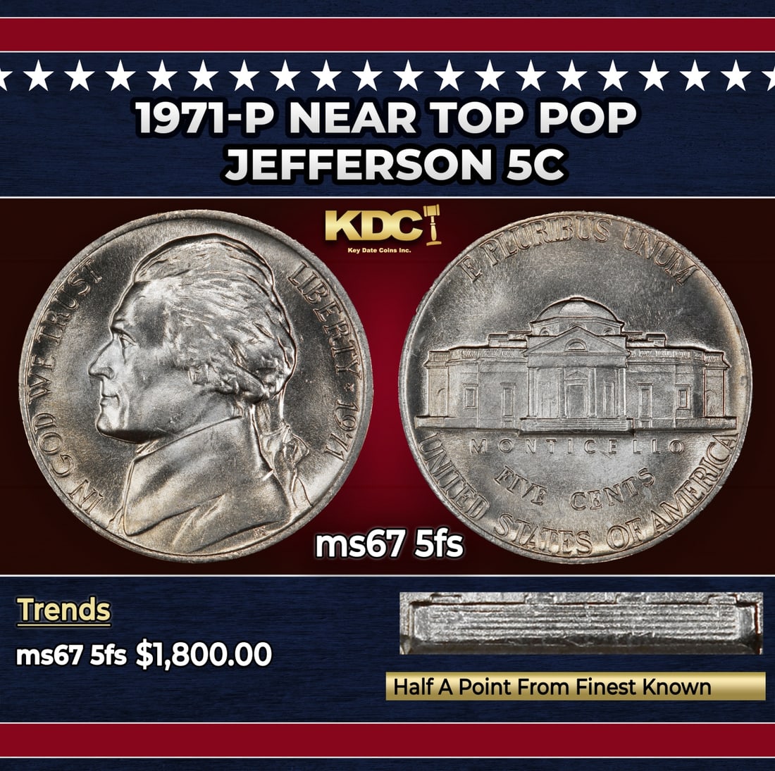 1971-p Jefferson Nickel Near Top Pop 5c ms67 5fs SEGS: 1971-p Near Top Pop Jefferson Nickel 5c ms67 5fs SEGS.