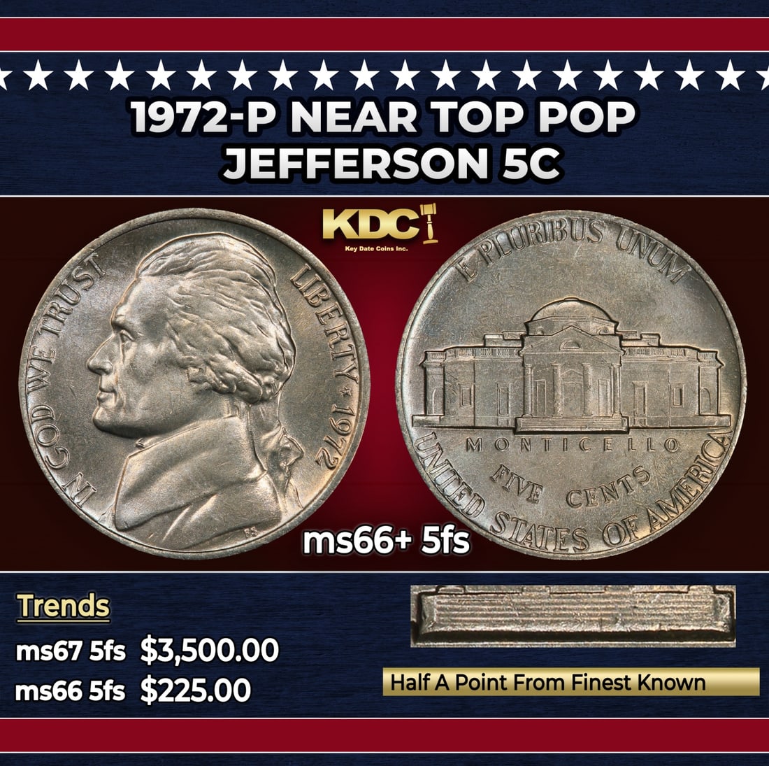 1972-p Jefferson Nickel Near Top Pop 5c ms66+ 5fs SEGS: 1972-p Near Top Pop Jefferson Nickel 5c ms66+ 5fs SEGS.