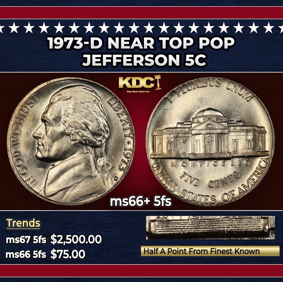 1973-d Jefferson Nickel Near Top Pop 5c ms66+ 5fs SEGS: 1973-d Near Top Pop Jefferson Nickel 5c ms66+ 5fs SEGS.