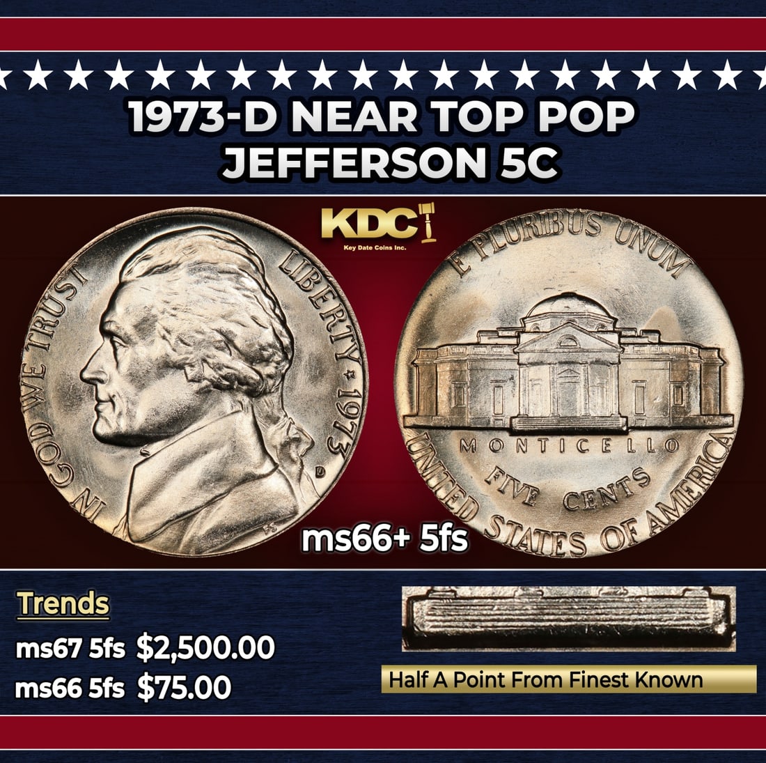 1973-d Jefferson Nickel Near Top Pop 5c ms66+ 5fs SEGS: 1973-d Near Top Pop Jefferson Nickel 5c ms66+ 5fs SEGS.