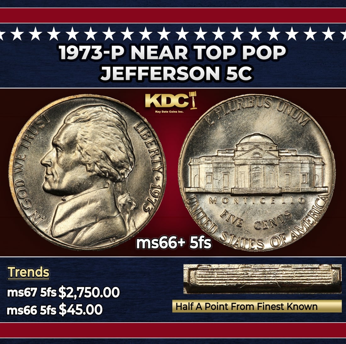 1973-p Jefferson Nickel Near Top Pop 5c ms66+ 5fs SEGS: 1973-p Near Top Pop Jefferson Nickel 5c ms66+ 5fs SEGS.
