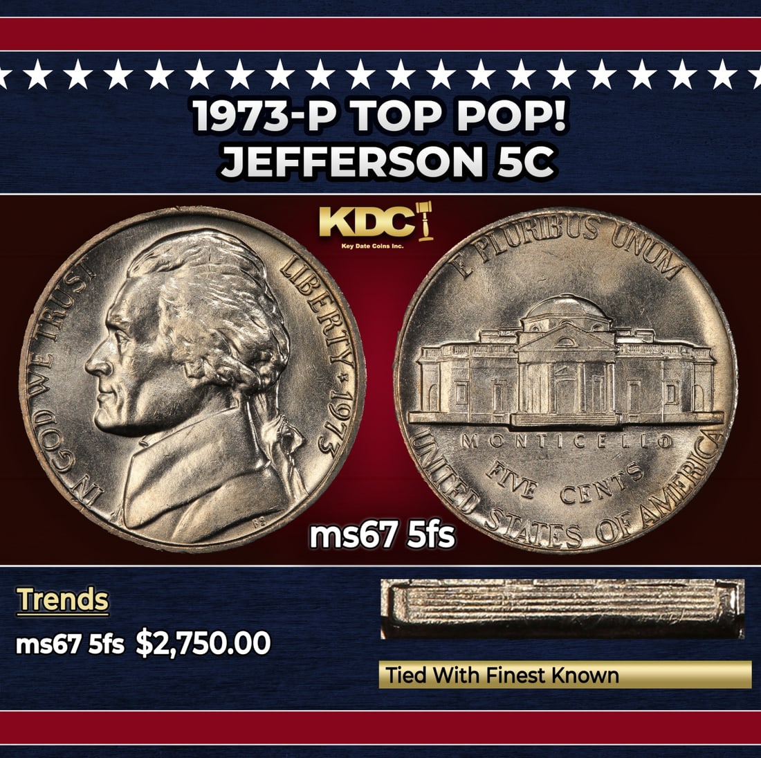 1973-p Jefferson Nickel TOP POP! 5c ms67 5fs SEGS