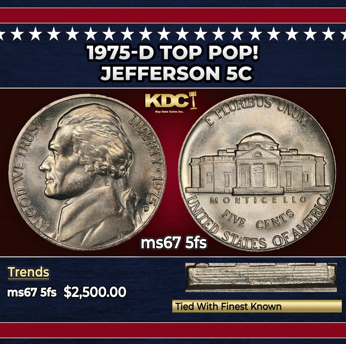 1975-d Jefferson Nickel TOP POP! 5c ms67 5fs SEGS: 1975-d TOP POP! Jefferson Nickel 5c ms67 5fs SEGS.