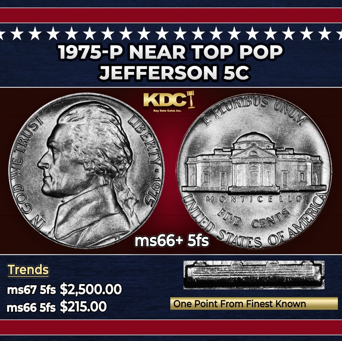 1975-p Jefferson Nickel Near Top Pop 5c ms66+ 5fs SEGS: 1975-p Near Top Pop Jefferson Nickel 5c ms66+ 5fs SEGS.