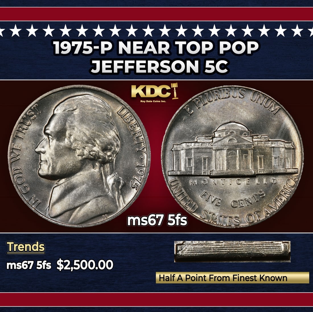 1975-p Jefferson Nickel Near Top Pop 5c ms67 5fs SEGS: 1975-p Near Top Pop Jefferson Nickel 5c ms67 5fs SEGS.