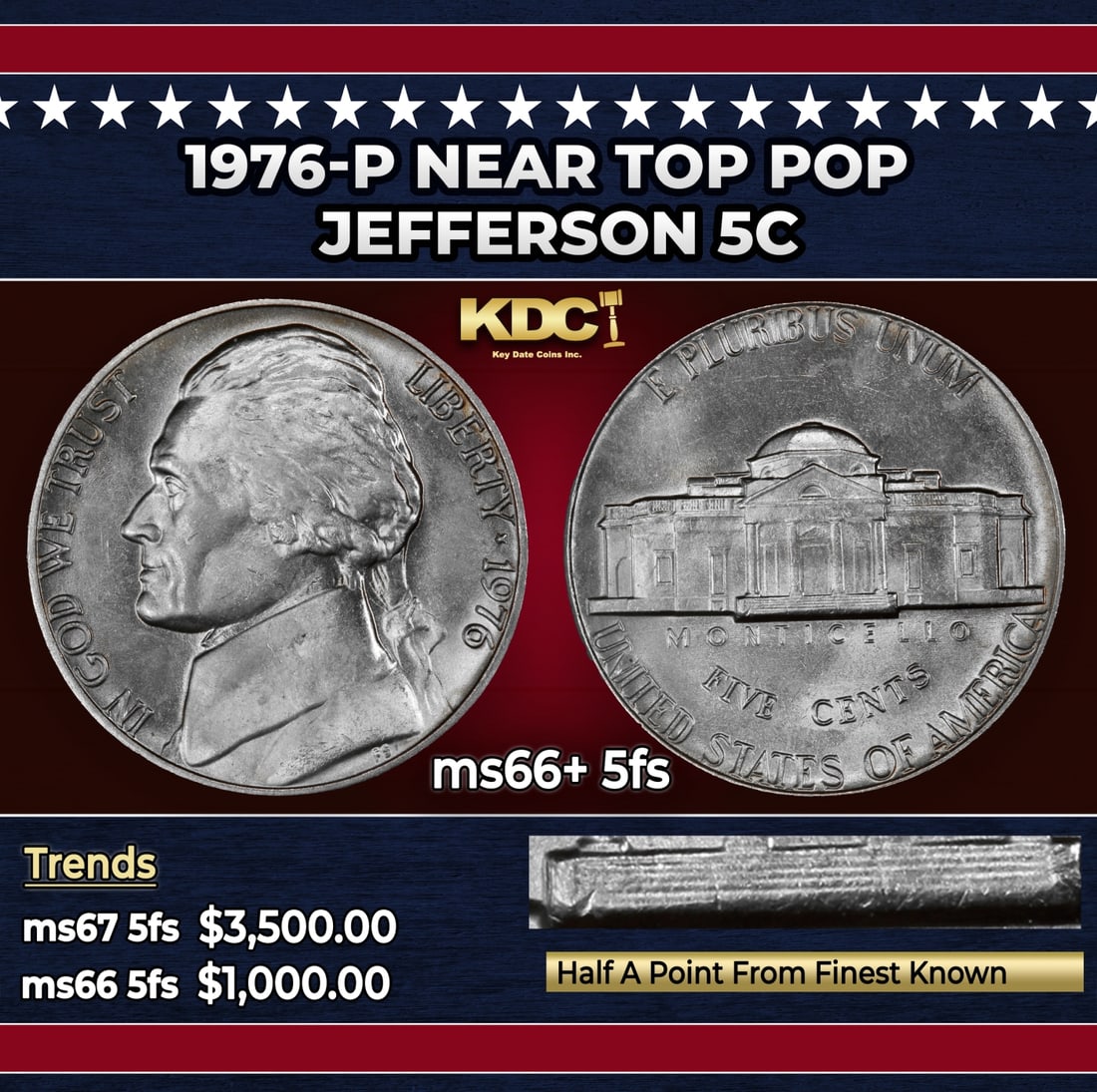1976-p Jefferson Nickel Near Top Pop 5c ms66+ 5fs SEGS: 1976-p Near Top Pop Jefferson Nickel 5c ms66+ 5fs SEGS.