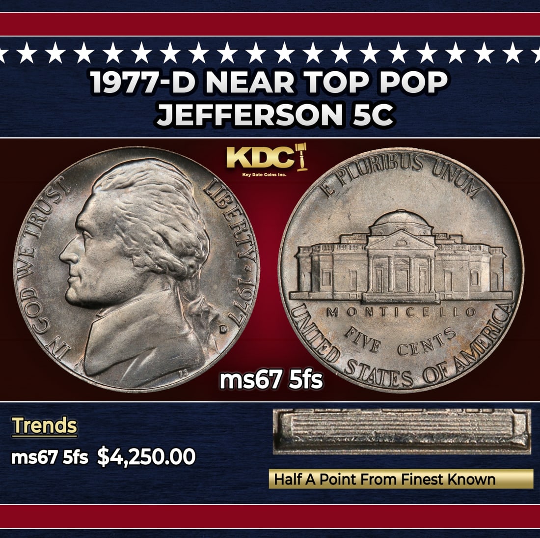 1977-d Jefferson Nickel Near Top Pop 5c ms67 5fs SEGS: 1977-d Near Top Pop Jefferson Nickel 5c ms67 5fs SEGS.