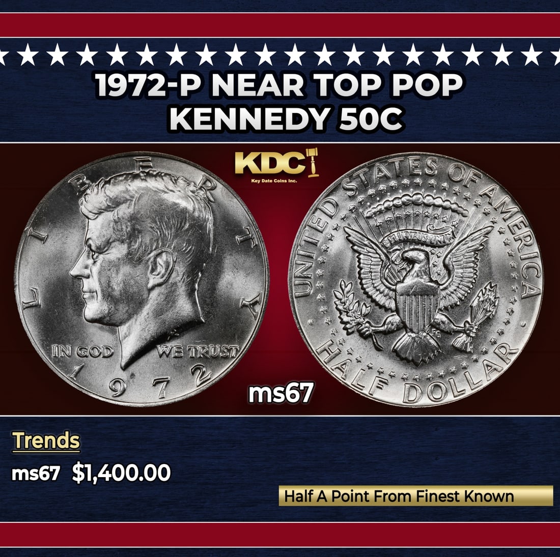 1972-p Kennedy Half Dollar Near Top Pop 50c ms67 SEGS: 1972-p Near Top Pop Kennedy Half Dollar 50c ms67 SEGS.