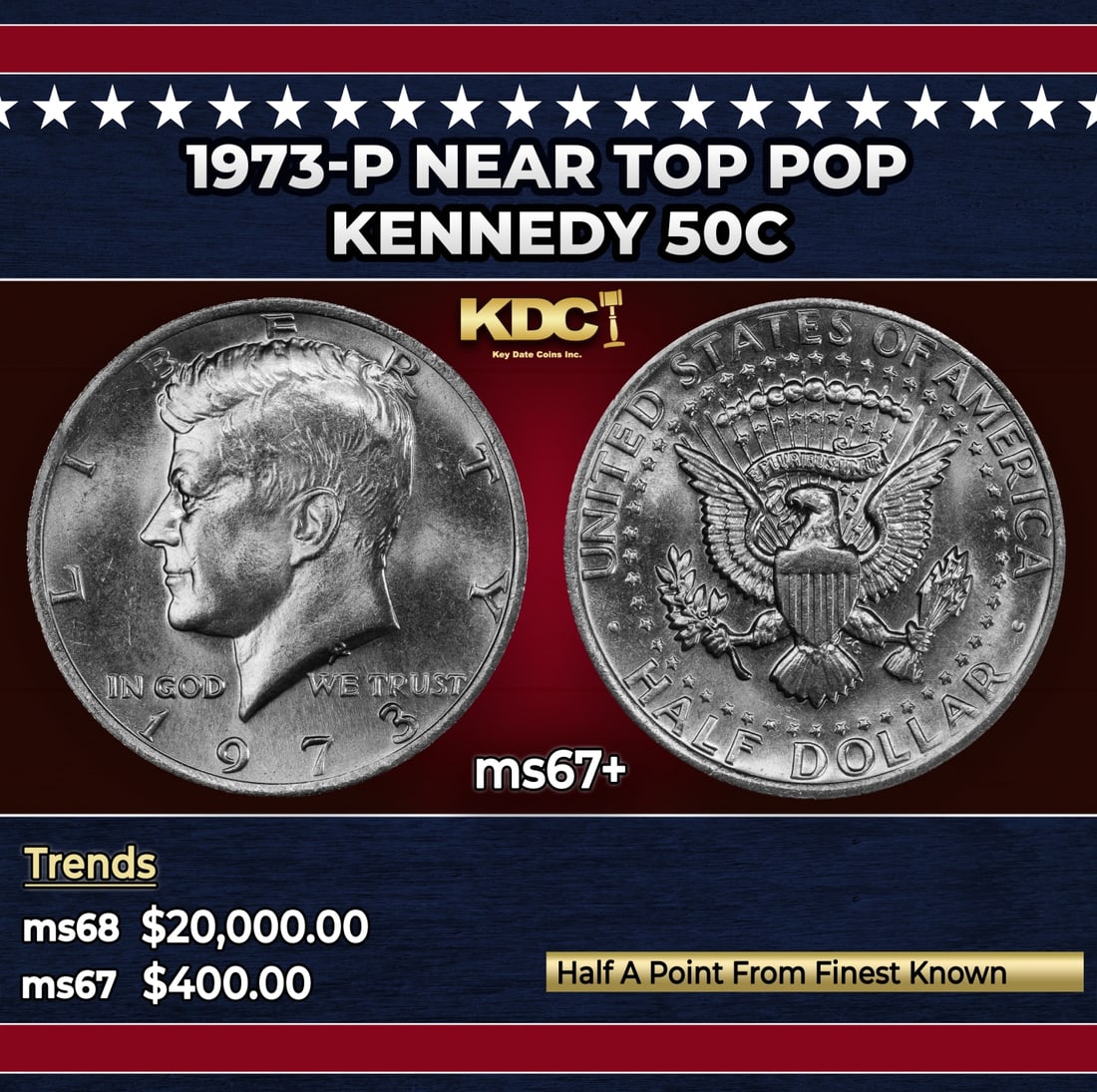 1973-p Kennedy Half Dollar Near Top Pop 50c ms67+ SEGS: 1973-p Near Top Pop Kennedy Half Dollar 50c ms67+ SEGS.