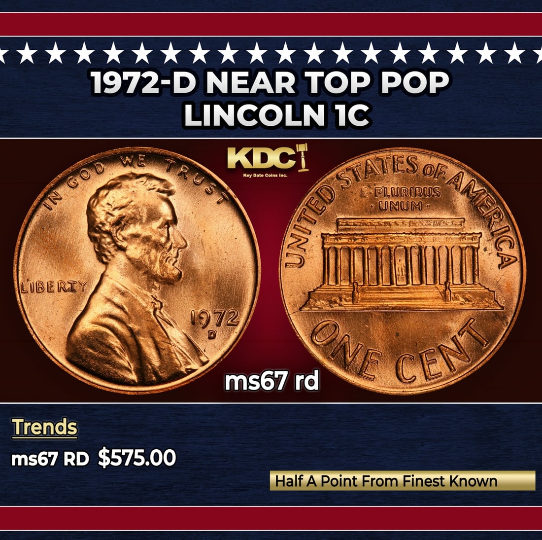 1972-d Lincoln Cent Near Top Pop 1c ms67 rd SEGS: 1972-d Near Top Pop Lincoln Cent 1c ms67 rd SEGS.