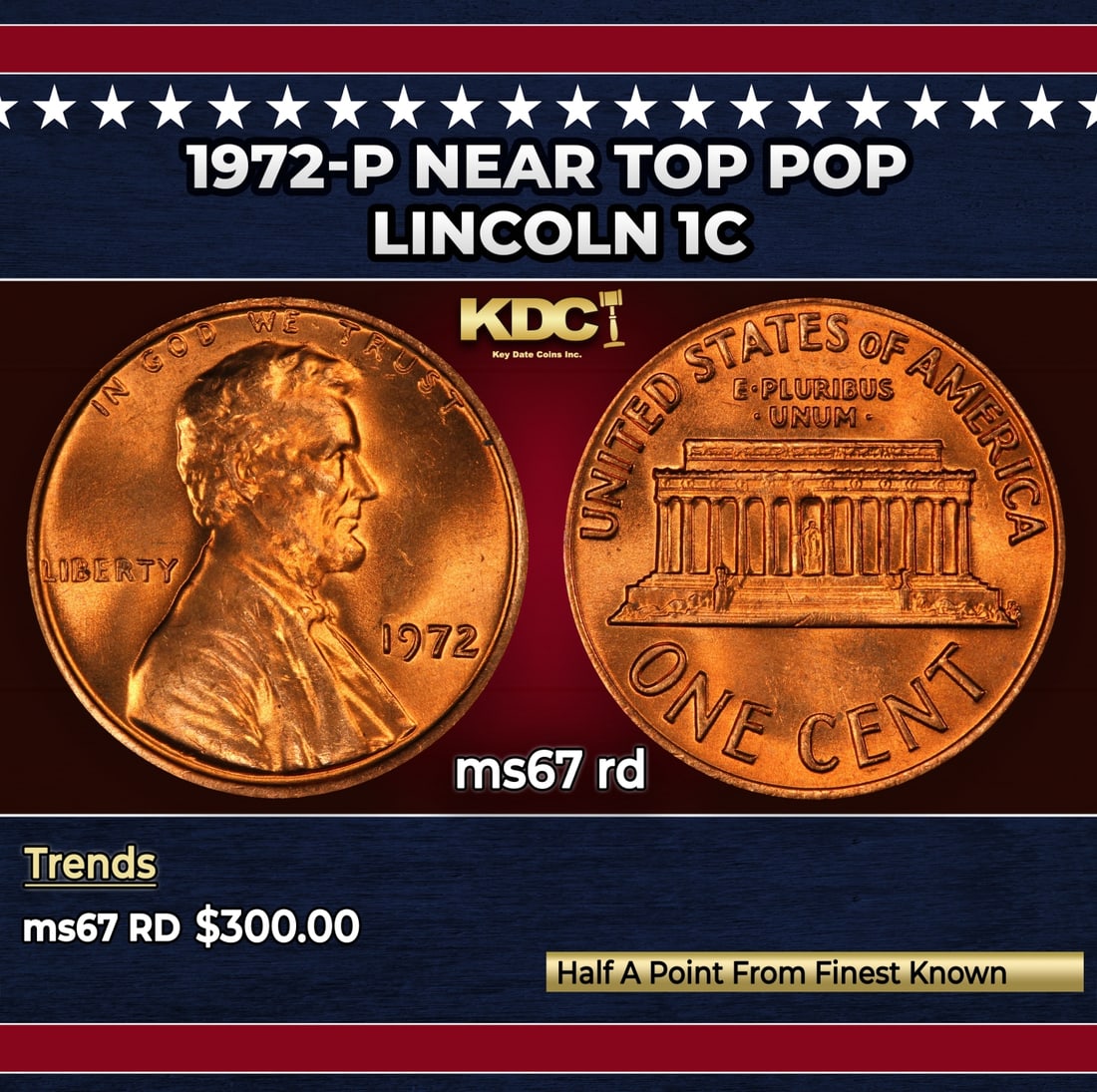 1972-p Lincoln Cent Near Top Pop 1c ms67 rd SEGS: 1972-p Near Top Pop Lincoln Cent 1c ms67 rd SEGS.