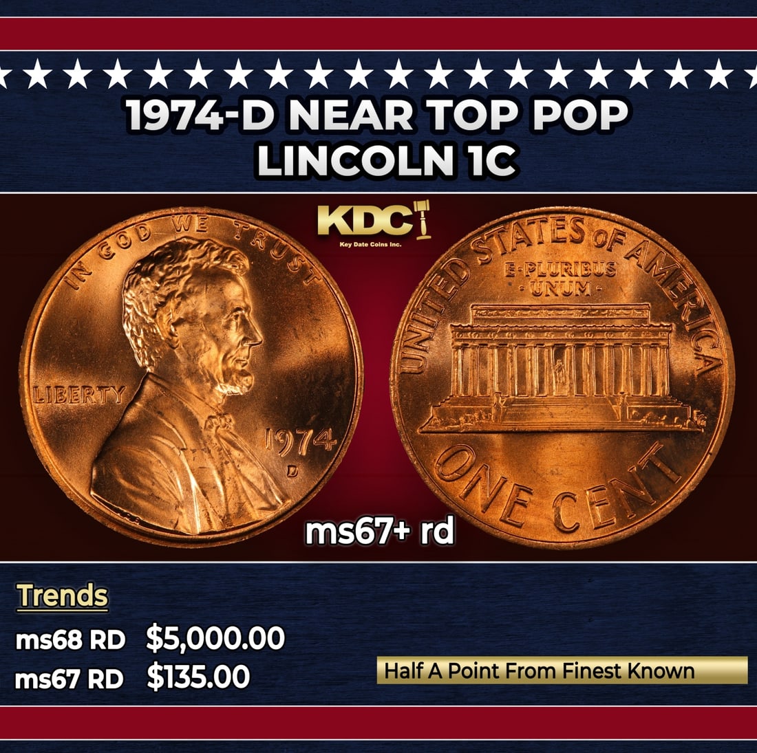 1974-d Lincoln Cent Near Top Pop 1c ms67+ rd SEGS: 1974-d Near Top Pop Lincoln Cent 1c ms67+ rd SEGS.
