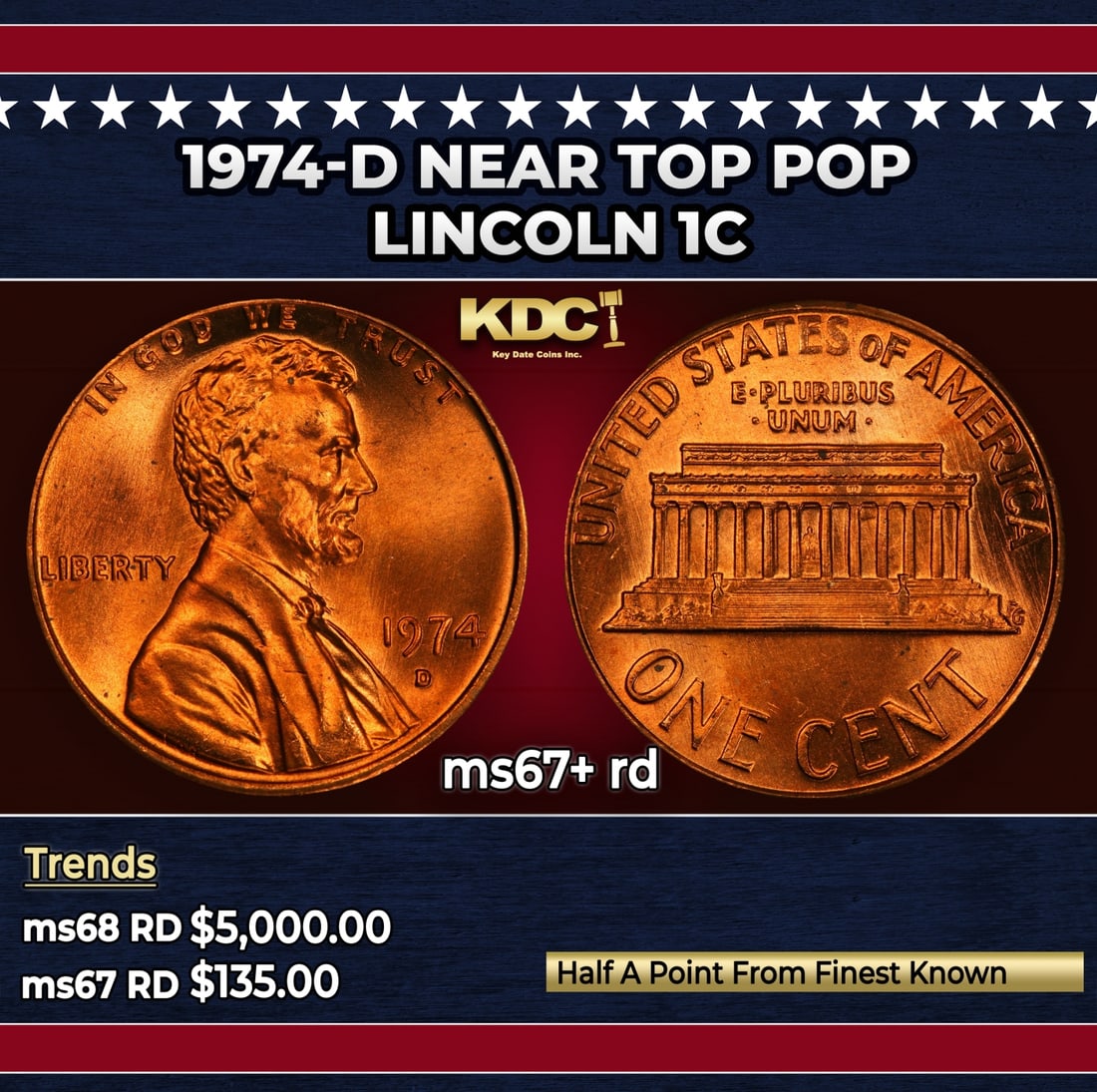 1974-d Lincoln Cent Near Top Pop 1c ms67+ rd SEGS: 1974-d Near Top Pop Lincoln Cent 1c ms67+ rd SEGS.
