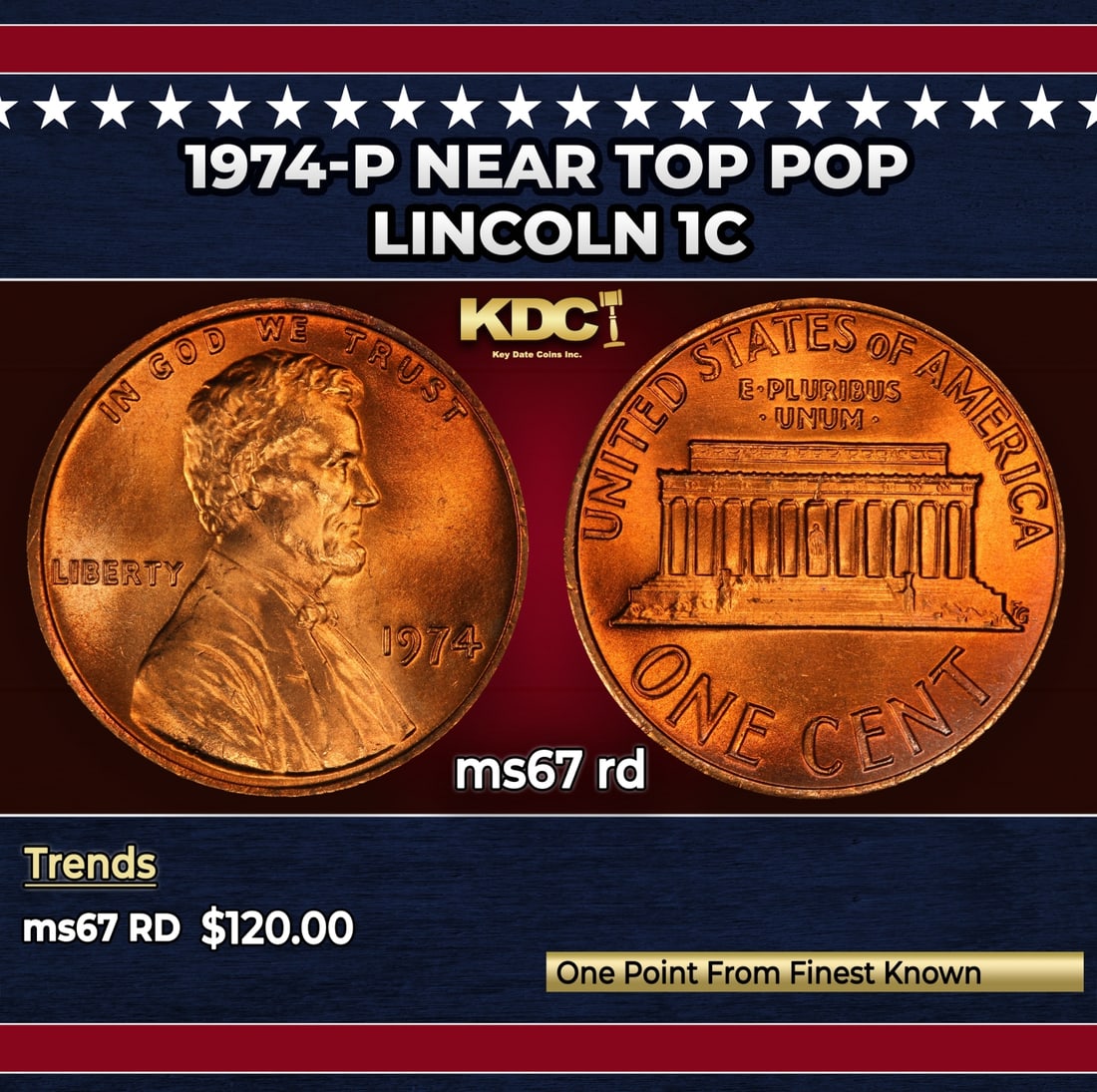 1974-p Lincoln Cent Near Top Pop 1c ms67 rd SEGS: 1974-p Near Top Pop Lincoln Cent 1c ms67 rd SEGS.