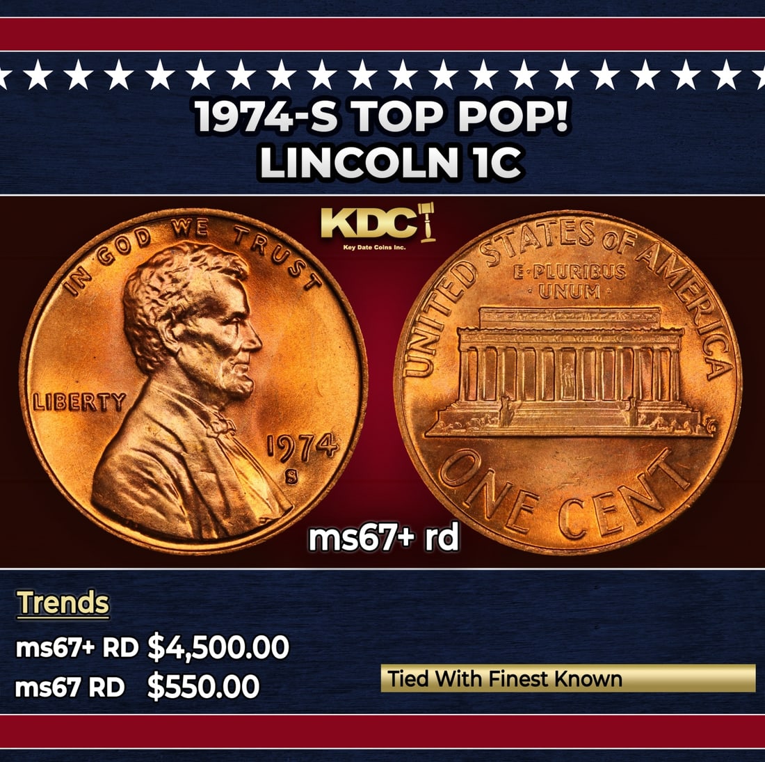 1974-s Lincoln Cent TOP POP! 1c ms67+ rd SEGS: 1974-s TOP POP! Lincoln Cent 1c ms67+ rd SEGS.