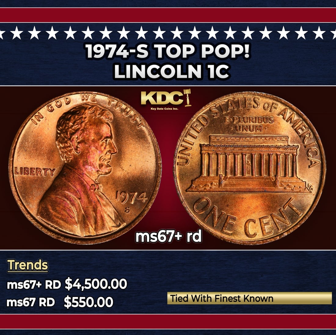 1974-s Lincoln Cent TOP POP! 1c ms67+ rd SEGS: 1974-s TOP POP! Lincoln Cent 1c ms67+ rd SEGS.