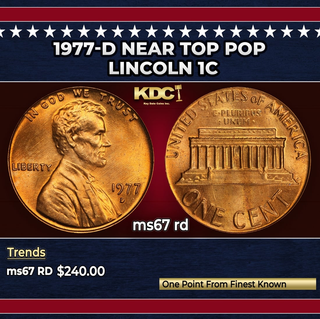 1977-d Lincoln Cent Near Top Pop 1c ms67 rd SEGS: 1977-d Near Top Pop Lincoln Cent 1c ms67 rd SEGS.