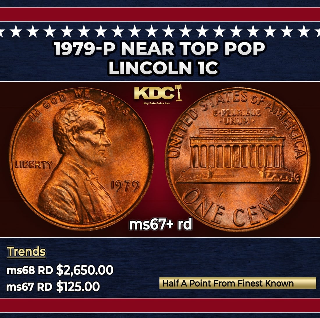 1979-p Lincoln Cent Near Top Pop 1c ms67+ rd SEGS: 1979-p Near Top Pop Lincoln Cent 1c ms67+ rd SEGS.