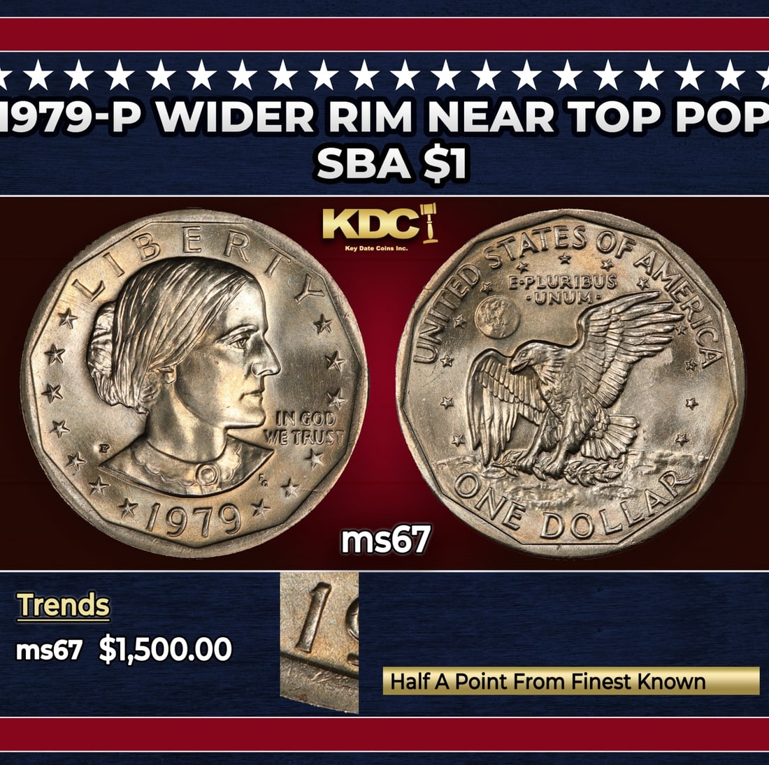 1979-p Wider Rim Susan B. Anthony Dollar Near Top Pop $1 ms67 SEGS: 1979-p Wider Rim Near Top Pop Susan B. Anthony Dollar $1 ms67 SEGS.