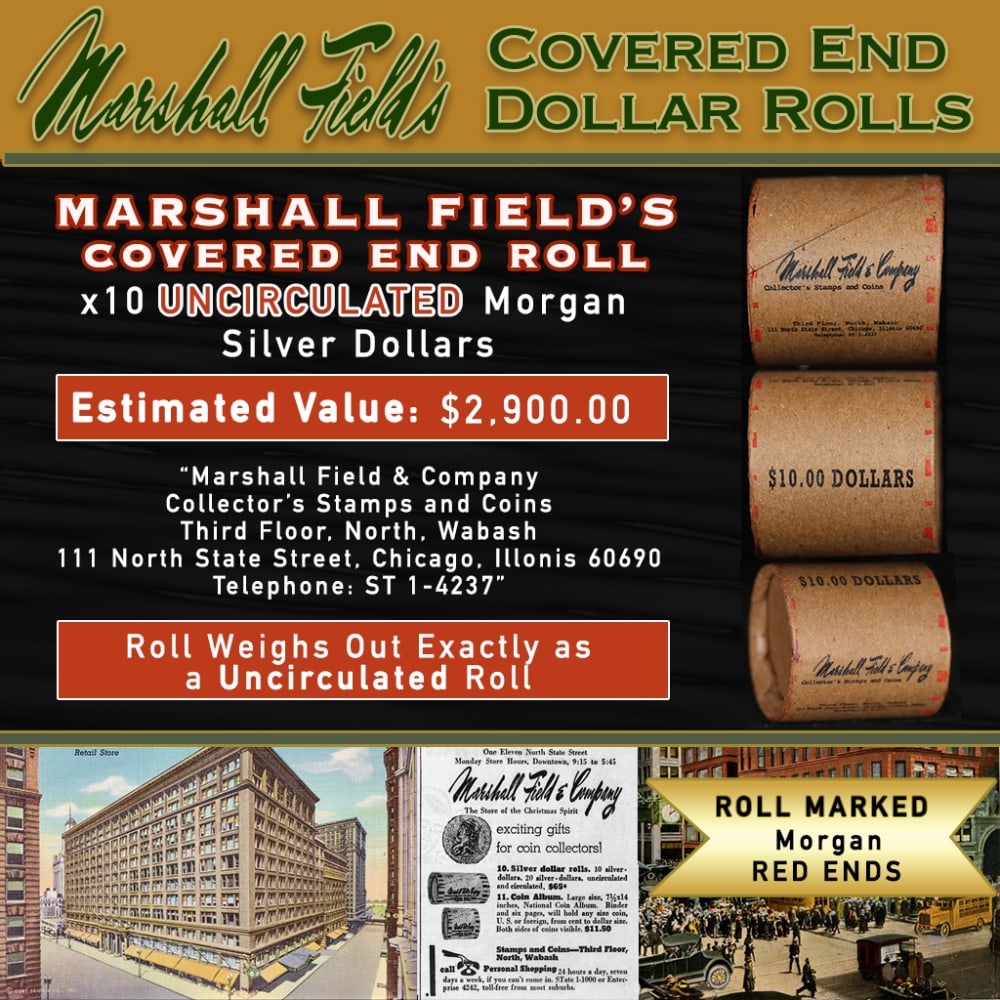 Rare Morgan UNC MARSHALL FIELDS 10 $1 Roll RED Level: Rare Morgan UNC MARSHALL FIELDS 10 $1 Roll RED Level. Up For Auction is a 181- Rare Morgan UNC MARSHALL FIELDS 10 $1 Roll RED Level Roll Weighing 270.1 g Based On this weight this is a UNC Roll We