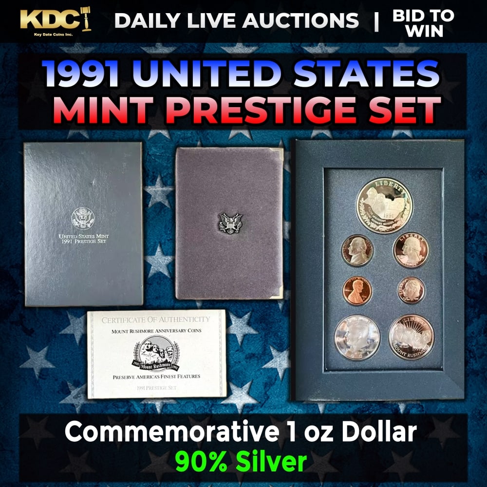 1991 United States Mint Prestige Proof Set 6 Coins W/ Box & COA: 1991 United States Mint Prestige Proof Set 6 Coins W/ Box & COA. Product DetailsThis wonderful seven-piece set includes all of the proof issue coins of 1991 as well as a commemorative Mount Rushmore