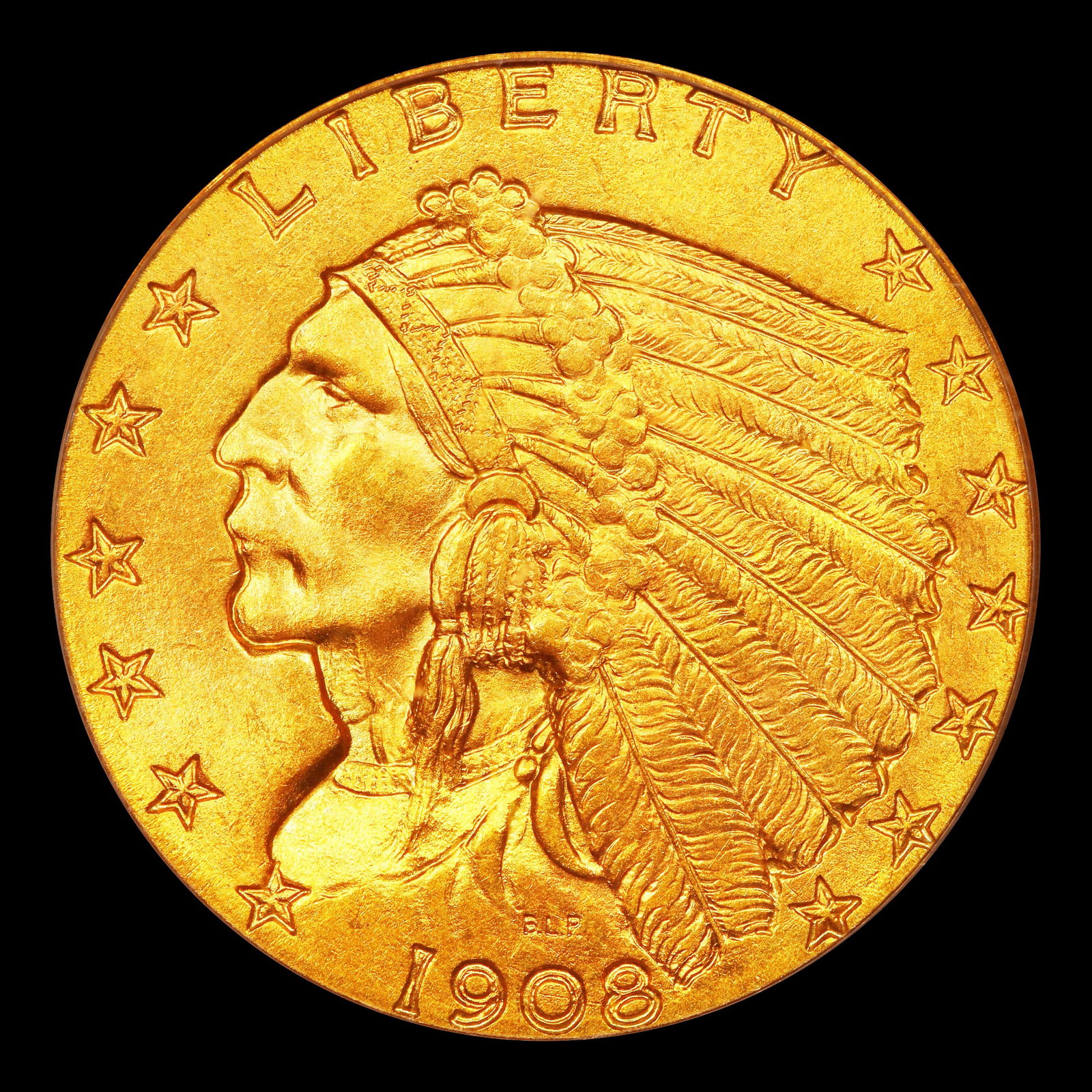 1908-p Gold Indian Quarter Eagle Near Top Pop! $2 1/2 ms66 USCG - 2