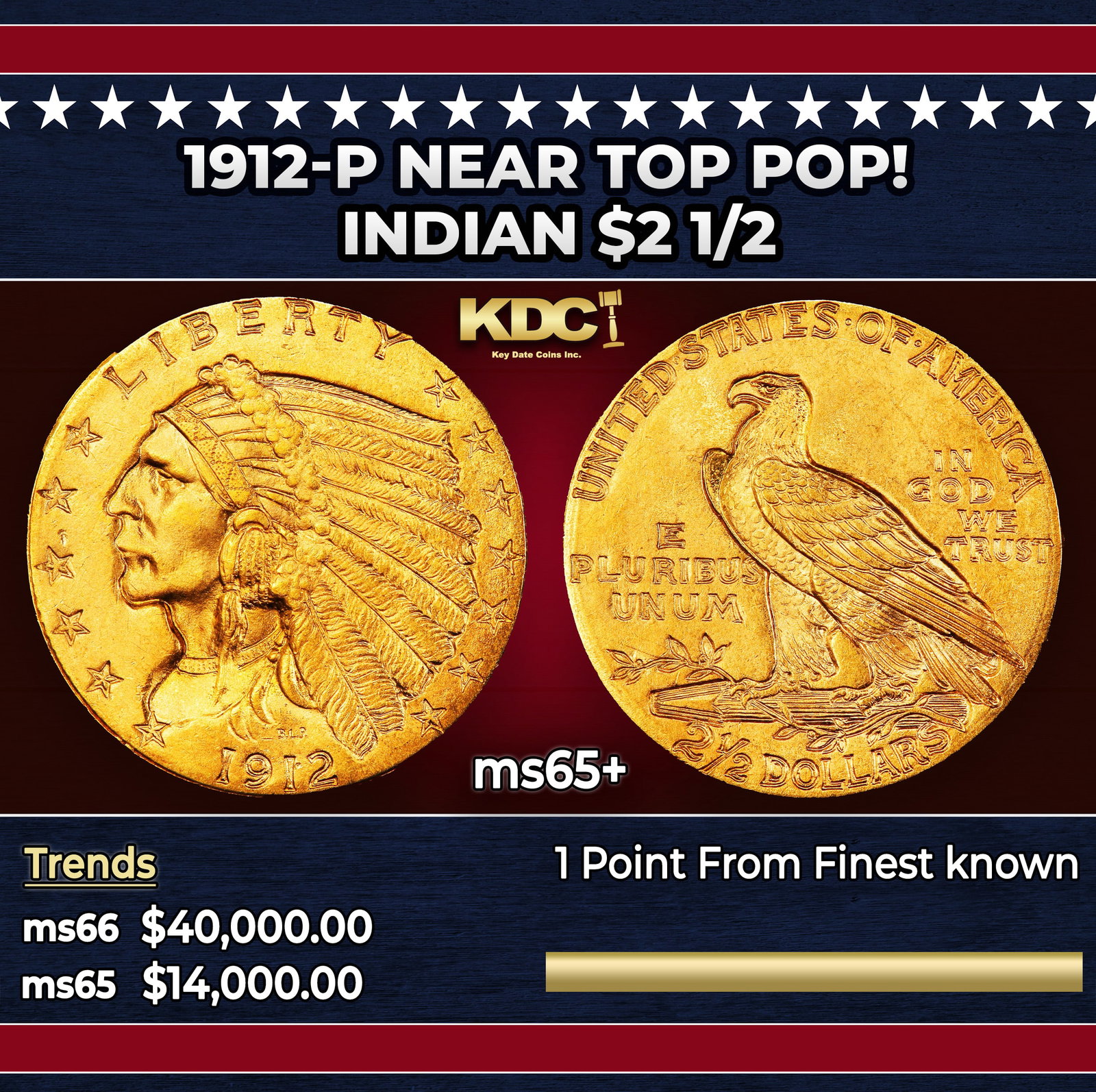 1912-p Gold Indian Quarter Eagle Near Top Pop! $2 1/2 ms65+ SEGS (1 of 3)