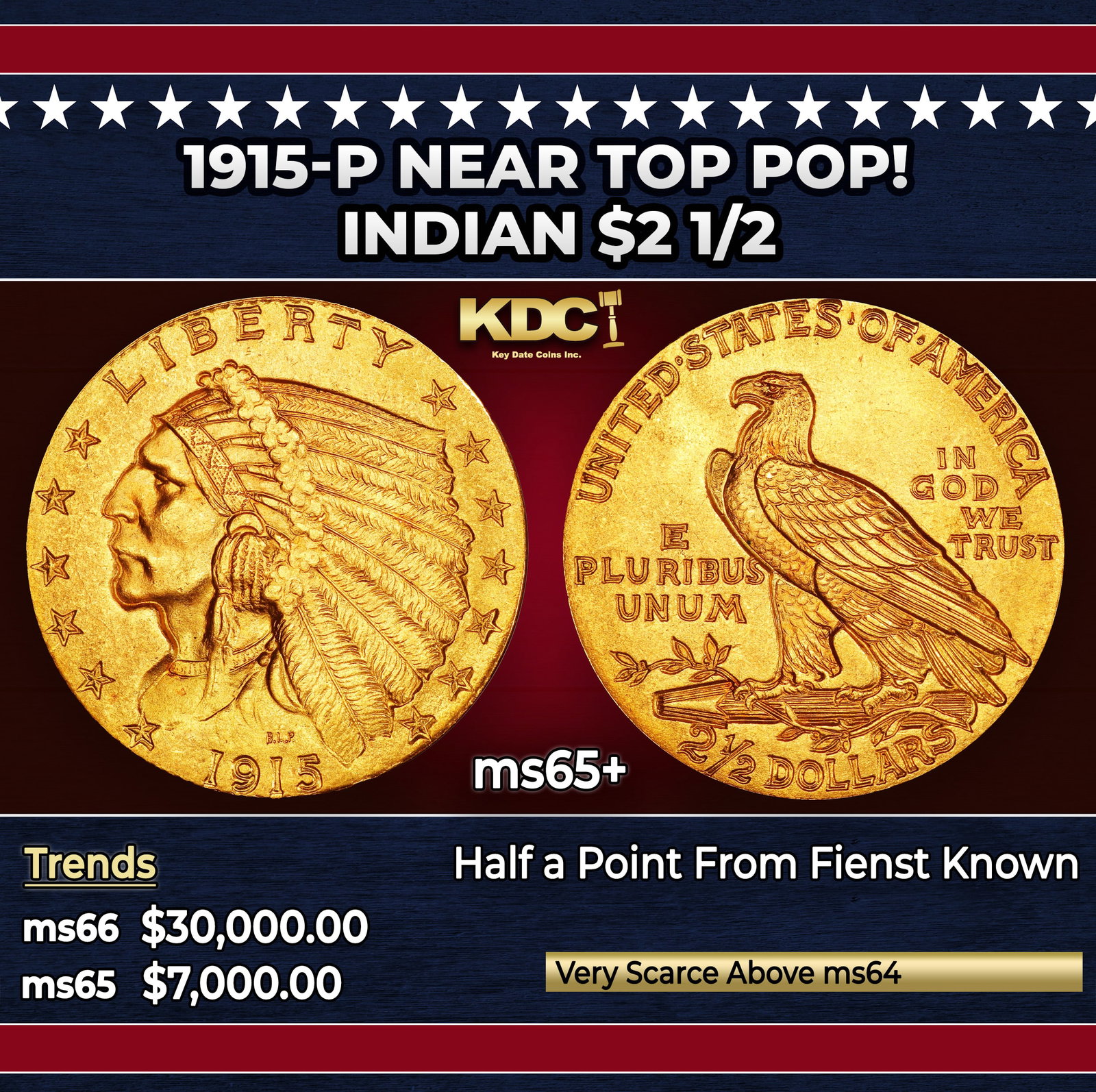 1915-p Gold Indian Quarter Eagle Near Top Pop! $2 1/2 ms65+ USCG: 1915-p Near Top Pop! Gold Indian Quarter Eagle $2 1/2 ms65+ USCG. The 1915 survives in great numbers through MS64, but like most other issues in Bela Lyon Pratt's Indian quarter eagle series, the