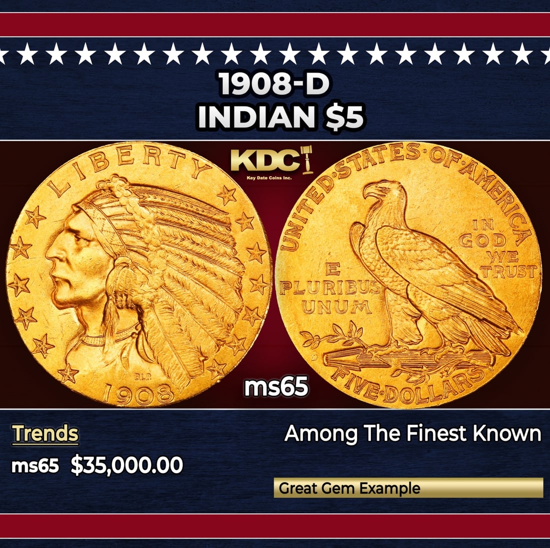1908-d Gold Indian Half Eagle $5 ms65 SEGS: 1908-d Gold Indian Half Eagle $5 ms65 SEGS.