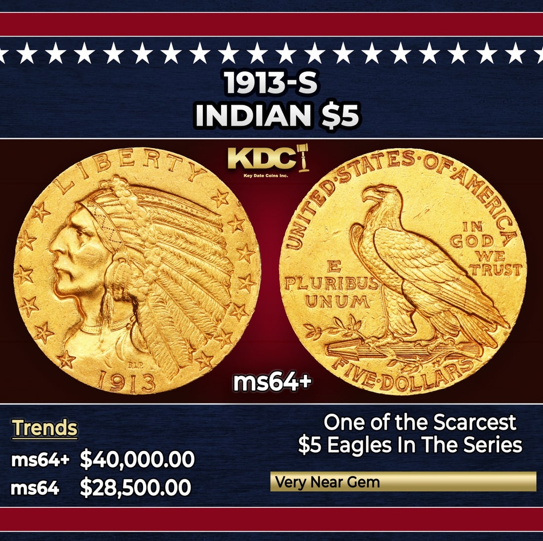 1913-s Gold Indian Half Eagle $5 ms64+ SEGS: 1913-s Gold Indian Half Eagle $5 ms64+ SEGS. The 1913 Indian $5 is a tremendous condition rarity, with pieces readily available in lower Mint State but increasingly unavailable approaching Gem. While
