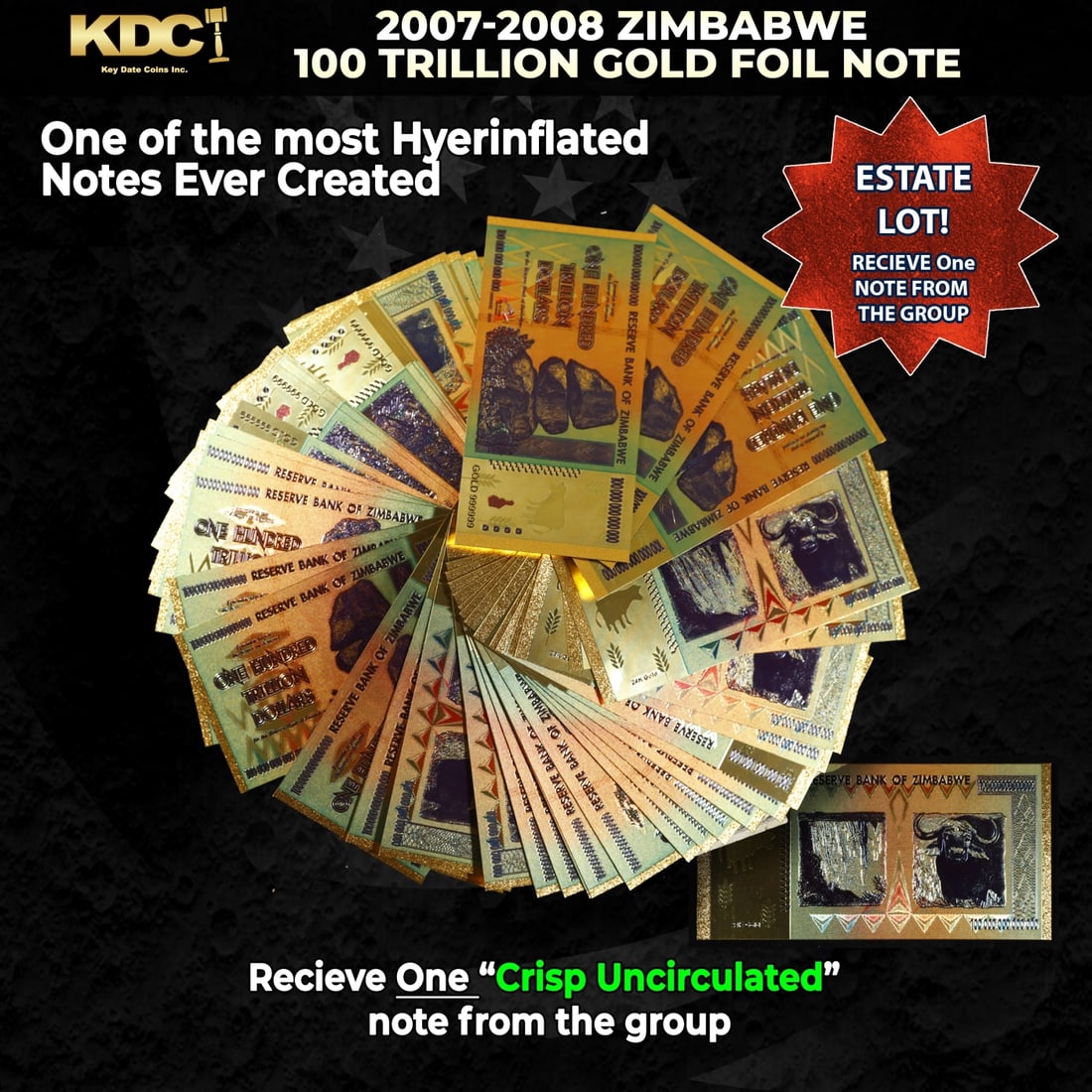 1x 2007-2008 Zimbabwe 100 Trillion Hyperinflation Gold Foil Note Grades CU: 1x 2007-2008 Zimbabwe 100 Trillion Hyperinflation Gold Foil Note Grades CU. Hyperinflation in Zimbabwe is an ongoing crisis. While yearly inflation was often measured in the hundreds of percentage