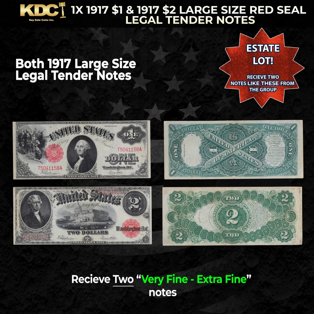 1x 1917 $1 & 1917 $2 Large Size Red Seal Legal Tender Notes Grades VF/XF: 1x 1917 $1 & 1917 $2 Large Size Red Seal Legal Tender Notes Grades VF/XF. This 1917 $2 Jefferson Legal Tender Currency Note is only the second two dollar bill in history. It shows a portrait of