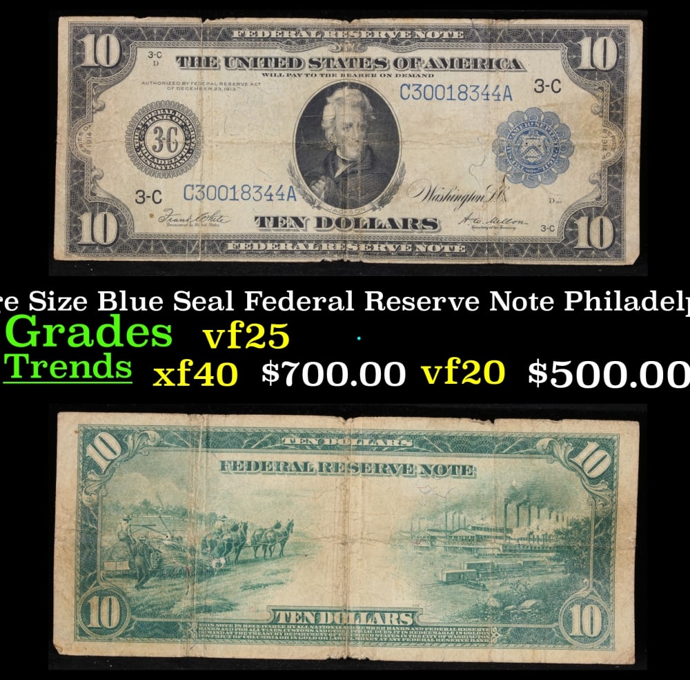 1914 $10 Large Size Blue Seal Federal Reserve Note Philadelphia, PA Grades vf+ FR-915: 1914 $10 Large Size Blue Seal Federal Reserve Note Philadelphia, PA Grades vf+ FR-915. Despite having 1913 written on them, these are actually from the series of 1914, as it says on the right and